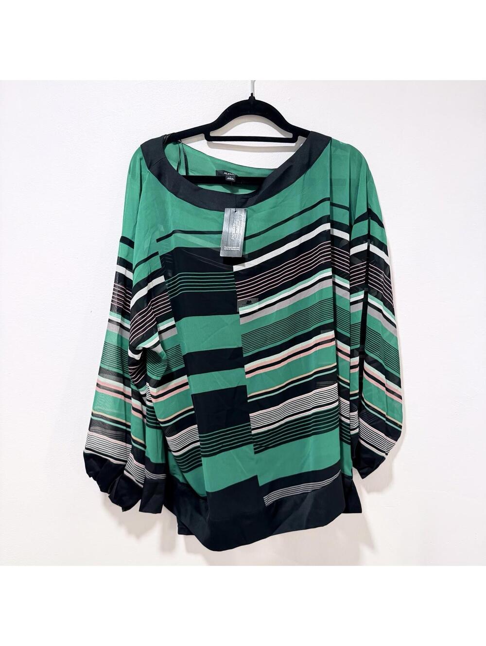 NWT Alfani 2-Pc Set Blouse + Camisole L Green Geo Stripe Sheer Macy's